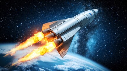 Rocket launching into space with a view of the stars