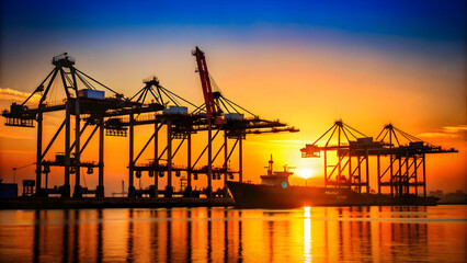 Obraz premium Silhouette of container port in Kobe, Japan with industrial cargo cranes , Kobe, Japan, container port
