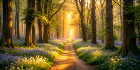 Obraz premium Forest pathway lit by golden sunrise with blooming flowers, forest, pathway, golden, sunrise, blooming, flowers, nature