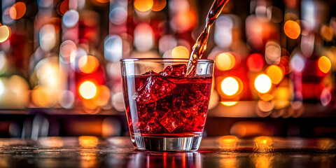 Close-up of red drink being poured into glass with blurred background , Red, drink, pouring, glass, close-up, refreshing