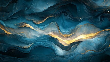 Abstract Blue and Gold Swirling Mountain Landscape