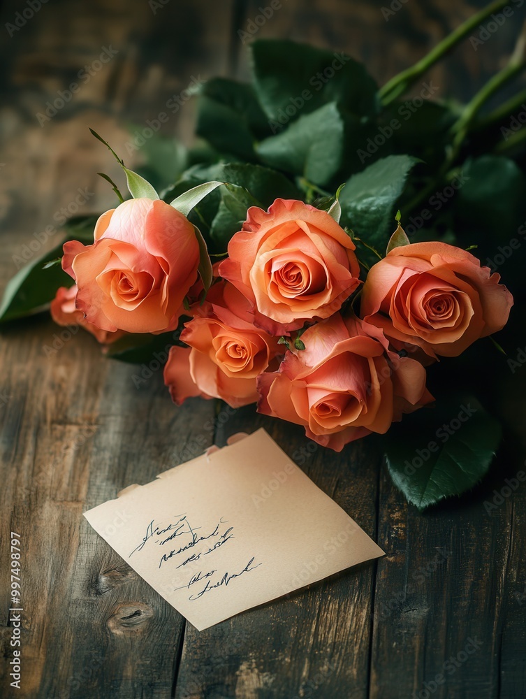 Poster a charming bouquet of roses rests on a rustic wooden table, accompanied by a small handwritten note,