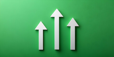 Three white arrows pointing up symbolizing business success on a green background, business, target, direction, success