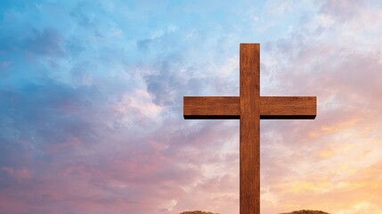 Wooden Cross Silhouette Against Dramatic Sunset Sky