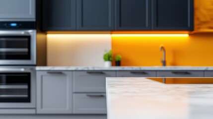 Modern Kitchen Island Countertop with Marble and Stainless Steel Appliances