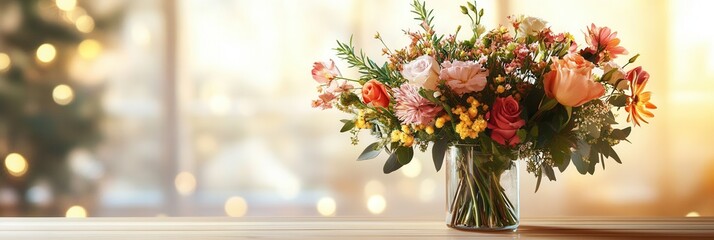 A beautifully arranged bouquet of mixed flowers sits in a glass vase, enhancing the warm atmosphere of the light wood table. Generative AI