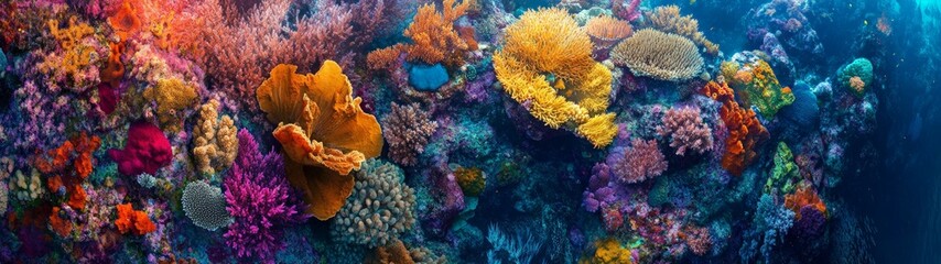 Fototapeta premium Vibrant Coral Reef Tapestry, an aerial perspective showcasing a lively underwater ecosystem, diverse corals, and marine creatures forming intricate patterns and textures.