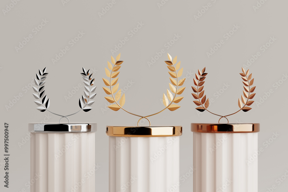 Poster empty golden, silver and bronze laurel winner place stage mockup. 3d rendering