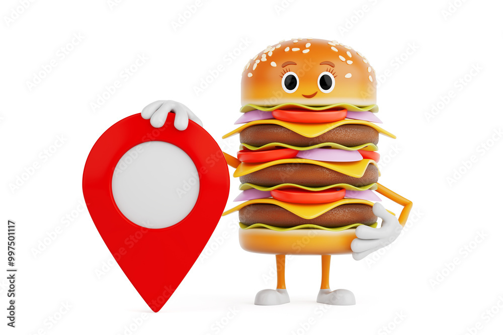 Leinwandbilder Cartoon Premium Delicious Burger Icon Person Character Mascot with Red Target Map Pointer Pin. 3d Rendering