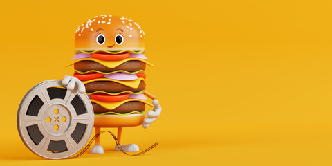 Cartoon Premium Delicious Burger Icon Person Character Mascot with Film Reel Cinema Tape. 3d Rendering