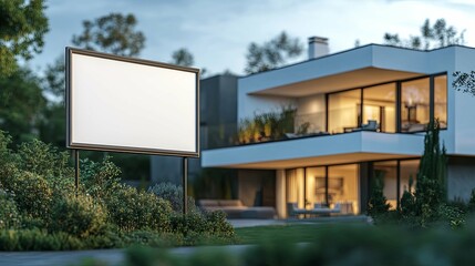 Blank Sign in Front of Modern House with Lights On