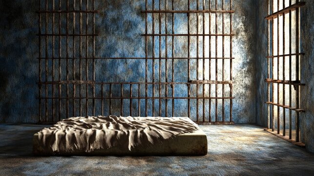 Abandoned prison cell with sunlight shining through barred windows onto a bed