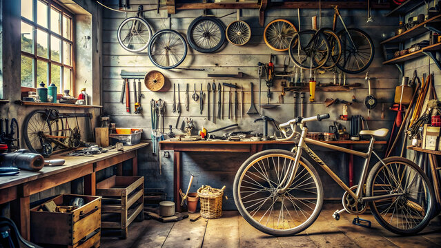 Old bicycle repair shop with tools and spare parts scattered around in a garage setting, bicycle, repair, shop, mechanic