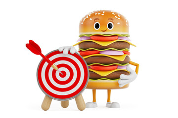 Cartoon Premium Delicious Burger Icon Person Character Mascot with Archery Target and Dart in Center. 3d Rendering