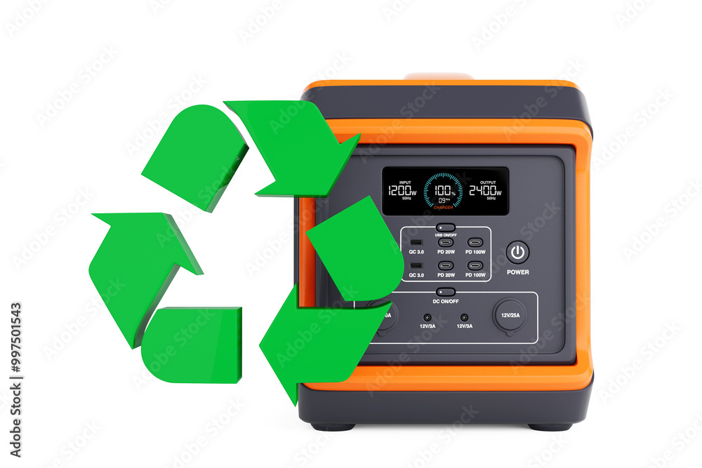 Poster high capacity portable power generator station with green recycle sign. 3d rendering