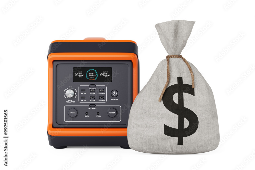 Poster high capacity portable power generator station and tied rustic canvas linen money sack or money bag 