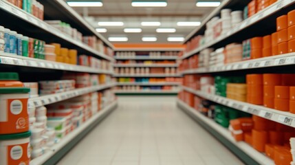 Empty Supermarket Aisle with Blurred Products   Retail Shelf Stock Photo