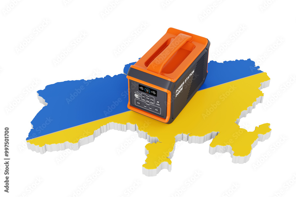 Poster High Capacity Portable Power Generator Station and Ukraine Map with Flag. 3d Rendering