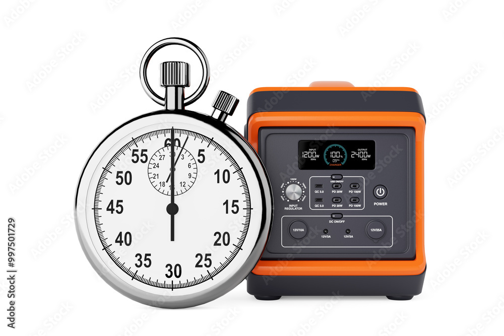 Poster high capacity portable power generator station with stopwatch. 3d rendering