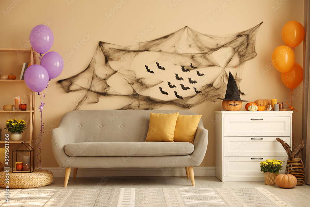 Sticker Halloween celebration. Stylish room with festive decor