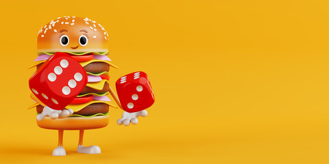 Cartoon Premium Delicious Burger Icon Person Character Mascot with Red Game Dice Cubes in Flight. 3d Rendering
