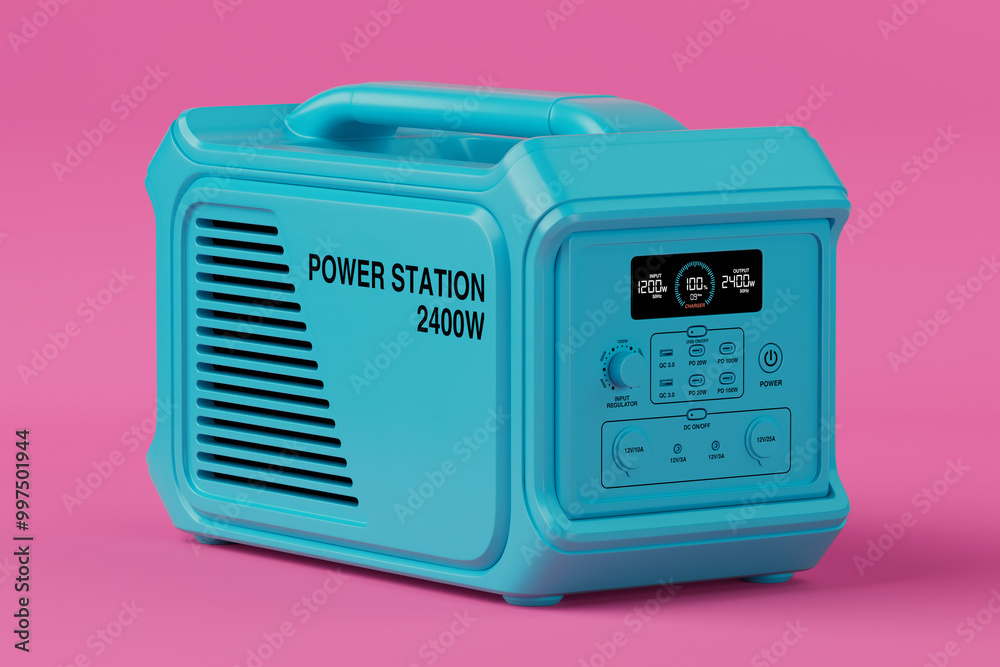 Poster blue high capacity portable power generator station in duotone style. 3d rendering