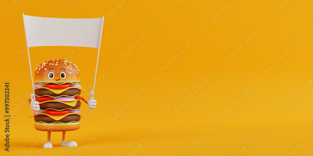 Poster cartoon premium delicious burger icon person character mascot and empty white blank banner with free