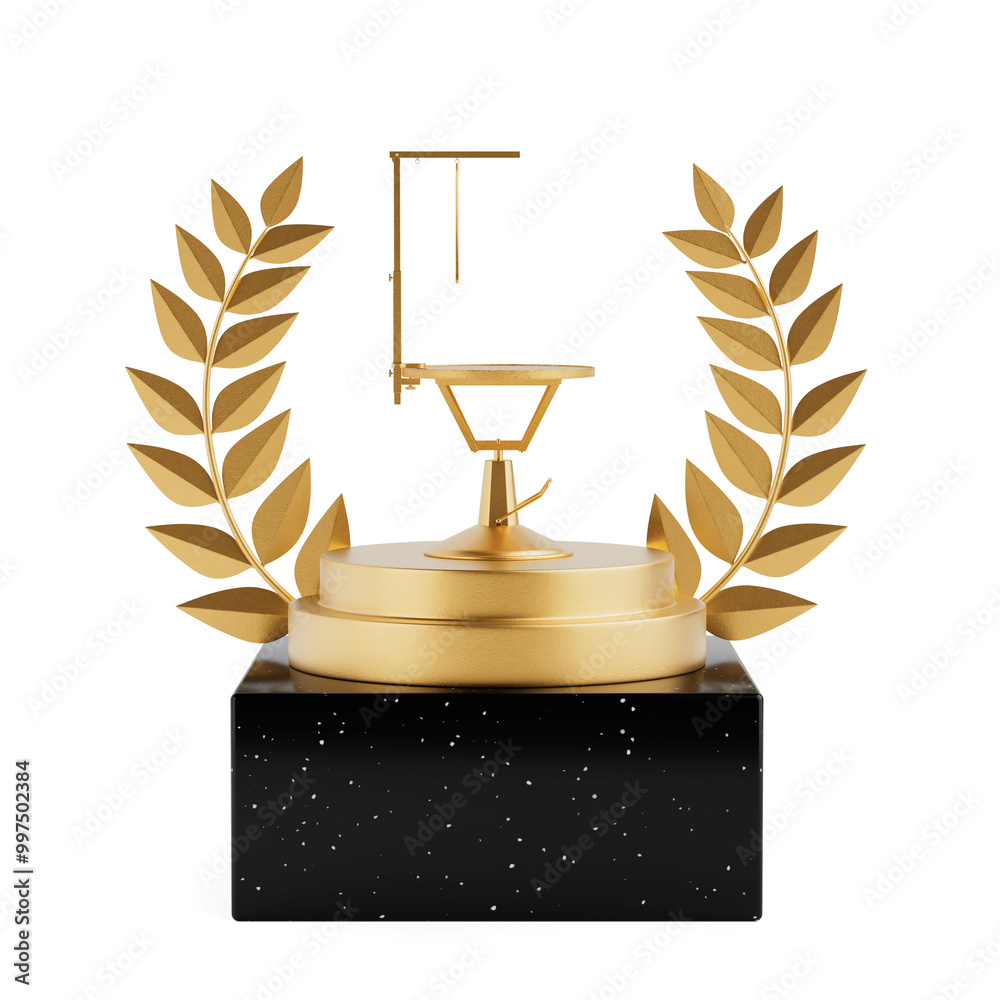 Poster winner award cube gold laurel wreath podium, stage or pedestal and empty golden professional pet gro