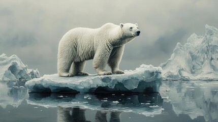 polar bear on a solitary ice block drifting amidst a melting landscape reflecting the impacts of climate change with a somber mood and a stark contrast between the bear and the melting ice