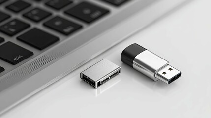 Fototapeta premium Silver USB-C to USB-A Adapter and Laptop Keyboard