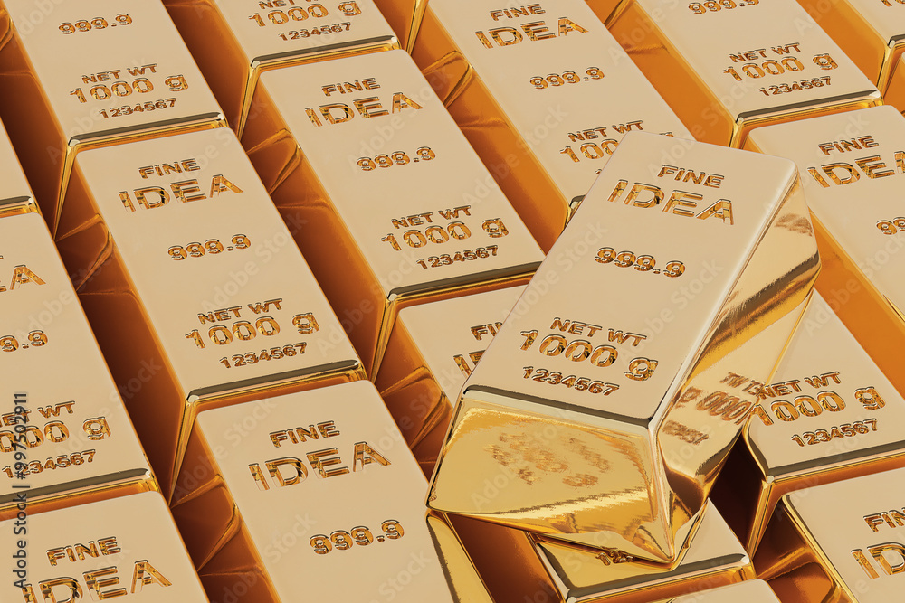Poster Fine Golden Idea Concept. Rows of Fine Golden Idea Bars with One on Top. 3d Rendering