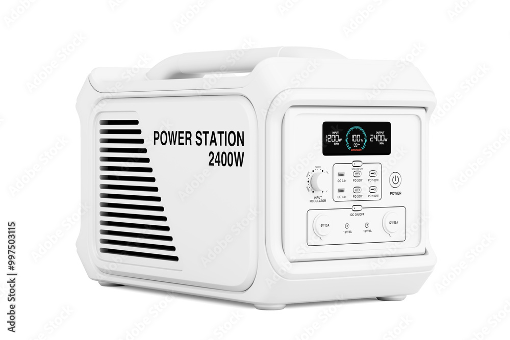 Poster white high capacity portable power generator station in clay style. 3d rendering