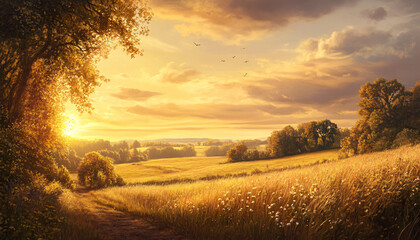 Fototapeta premium A sun-kissed landscape with warm golden hues over a quiet countryside, radiating tranquility and peace