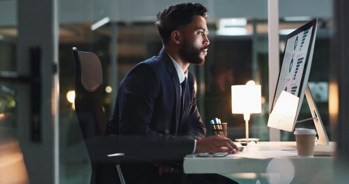Data, computer and business man typing to review research on deadline at night in office. Document, desktop and worker check information with financial consultant for profit report, stats or analysis