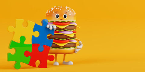 Cartoon Premium Delicious Burger Icon Person Character Mascot with Four Pieces of Colorful Jigsaw Puzzle. 3d Rendering