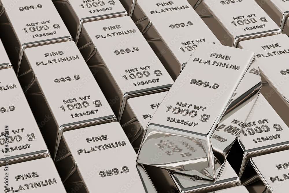 Poster Rows of Fine Platinum Bars with One on Top. 3d Rendering