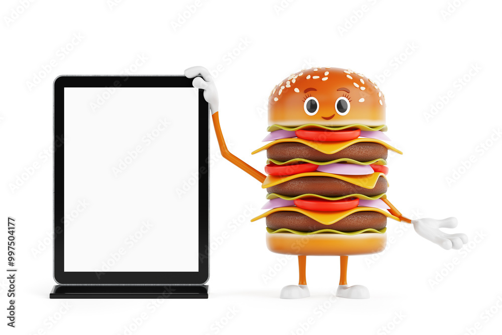 Poster cartoon premium delicious burger icon person character mascot with blank trade show lcd screen displ