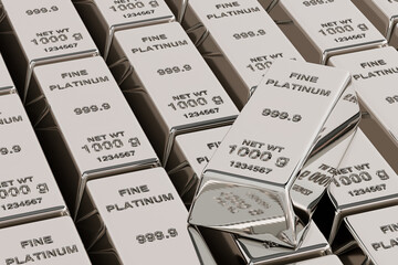Naklejka premium Rows of Fine Platinum Bars with One on Top. 3d Rendering