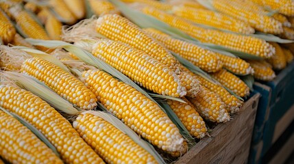 A close-up of freshly harvested corn cobs with vibrant yellow kernels, stacked neatly in a crate