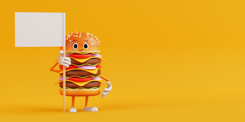 Cartoon Premium Delicious Burger Icon Person Character Mascot with White Flag with Free Space for Your Design. 3d Rendering