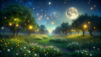 Garden illuminated by twinkling fireflies under the moon, fireflies, garden, nighttime, illumination, nature, glowing