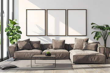 Bright and airy living room featuring a plush beige sectional sofa, elegant decor, and soothing greenery, creating a tranquil atmosphere.