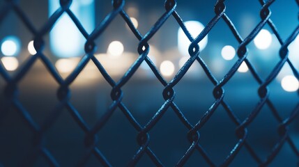 Fototapeta premium Chain-link fence with blurry lights in the background at night