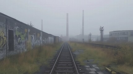 Fototapeta premium Foggy railway track with graffiti and industrial buildings in the distance
