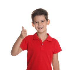 Cute little boy showing thumbs up on white background