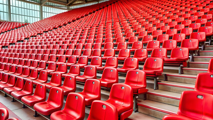 Fototapeta premium Vibrant red stadium seats in empty arena, stadium, seats, red, vibrant, empty, arena, sports, event, seating, rows