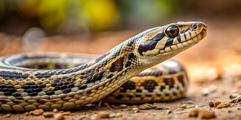 Obraz premium Close up of a snake slithering on the ground, reptile, serpent, scales, venomous, wildlife, nature, creepy