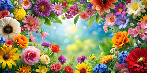 Beautiful floral background with a variety of colorful flowers and leaves, floral, ornamental, background, flowers, leaves