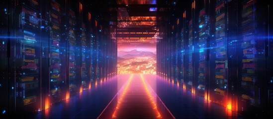 Fototapeta premium Futuristic Server Room with a Glowing Cityscape View