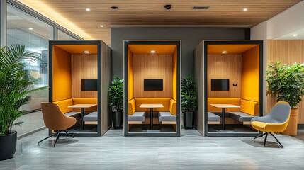 Three Modern Office Pods with Yellow Seating and Wooden Accents